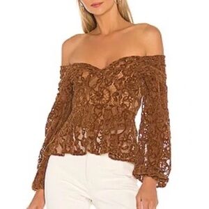 Tularosa Chestnut Brown Off-Shoulder Lace Peplum Blouse